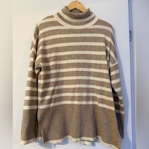 Chic Beige and White Striped Women's Turtleneck Sweater